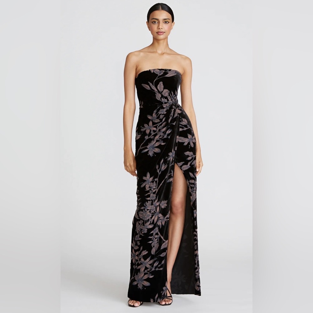 Theia Black One-Shoulder Floral Velvet Gown